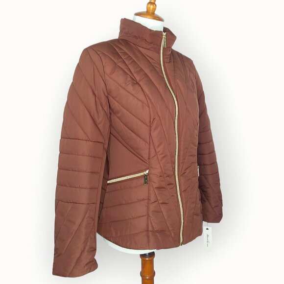 Kenneth Cole Quilted Puffer Jacket Size Medium Pecan Gold Zipper Retro NWT - Picture 4 of 11